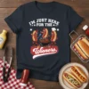 T-shirt with cartoon hot dogs grilling and the text "I'm Just Here For The Wieners"