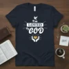 Navy t-shirt with "I'm Loved by God" text, a dove, and hands holding a heart graphic