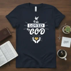 Navy t-shirt with "I'm Loved by God" text, a dove, and hands holding a heart graphic