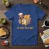 Raccoon chef making toast at night design with text "I'm makin' 'em at night" on a blue t-shirt