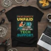 I'm My Family's Unpaid Tech Support t-shirt design with a man looking at a computer and tangled wires