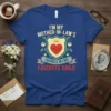I'm My Mother-in-Law's Favorite Child humorous quote t-shirt design with a shield, heart, and crown graphic