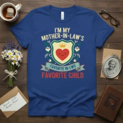 I'm My Mother-in-Law's Favorite Child humorous quote t-shirt design with a shield, heart, and crown graphic