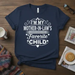 White text design "I'm My Mother-in-Law's Favorite Child" on a navy blue t-shirt, featuring decorative elements and hearts