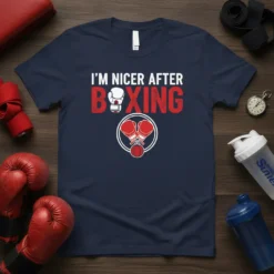 I'm Nicer After Boxing t-shirt with red and white boxing gloves and punch bag graphic