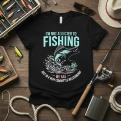 Black t-shirt with "I'm Not Addicted To Fishing" quote and marlin jumping out of waves graphic