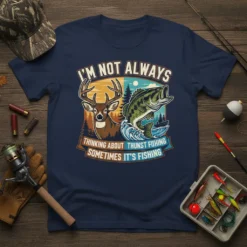 T-shirt design featuring a deer and a bass fish with the quote "I'm Not Always Thinking About Thukst Fuhing Sometimes