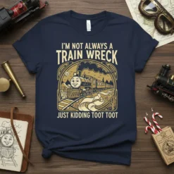 I'm Not Always A Train Wreck Just Kidding Toot Toot t-shirt design featuring a smiling cartoon train and desert landscape