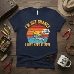Fishing t-shirt with "I'm Not Cranky I Just Keep It Reel" text and a graphic of a fisherman in a