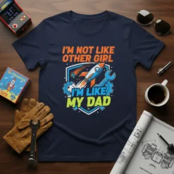 I'm Not Like Other Girl I'm Like My Dad t-shirt design with rocket, wrench, and gears graphic