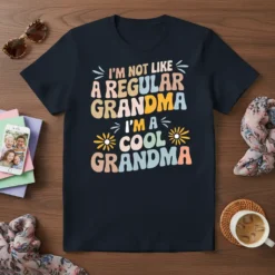 I'm Not Like A Regular Grandma I'm A Cool Grandma quote on a navy t-shirt with retro, colorful, wavy font