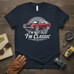 I'm Not Old I'm Classic text with a vintage red muscle car graphic on a navy blue t-shirt