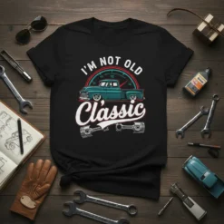 I'm Not Old I'm Classic vintage truck t-shirt design with speedometer and pistons graphic