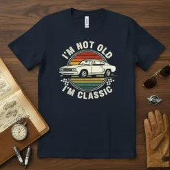 I'm Not Old I'm Classic t-shirt with a vintage white car and retro sunset graphic