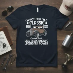 T-shirt with "I'm Not Old I'm A Classic" text and a 1948 custom built hot rod graphic, stating "High Performance