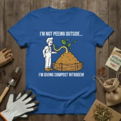 Funny gardening t-shirt with text "I'm Not Peeing Outside I'm Giving Compost Nitrogen" and cartoon illustration of a gardener