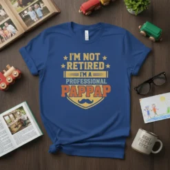 Text "I'm Not Retired I'm A Professional Pappa" with a mustache graphic on a royal blue t-shirt