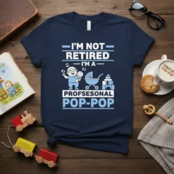 I'm Not Retired I'm A Profesesonal Pop-Pop t-shirt design featuring a grandfather holding a baby and a stroller