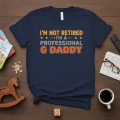 I'm Not Retired I'm A Professional G Daddy T-Shirt with bold orange and yellow text on a navy blue shirt