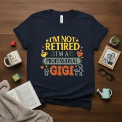 Navy t-shirt with yellow and orange text reading "I'm Not Retired I'm A Professional Gigi" and cartoon graphics of family