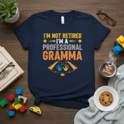 I'm Not Retired I'm A Professional Gramma text with superhero cape graphic on navy t-shirt