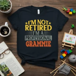 I'm Not Retired I'm A Professional Grammie quote on a black t-shirt, with yellow and orange distressed text