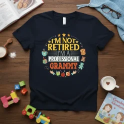 I'm Not Retired I'm A Professional Grammy text with stars, coffee cup, cookies, teddy bear, and knitting graphics on a