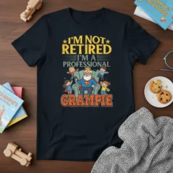 I'm Not Retired I'm A Professional Grampie t-shirt design featuring a superhero grandpa surrounded by kids