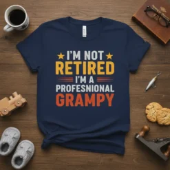 I'm Not Retired I'm a Professional Grampy quote on a navy blue t-shirt with orange and yellow text