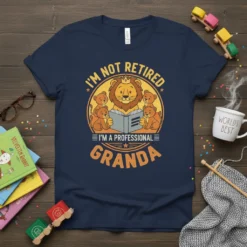T-shirt design with text "I'm Not Retired I'm A Professional Grandas" featuring a lion reading to cubs