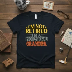 Black t-shirt with "I'm Not Retired I'm A Professional Grandpa" text in yellow, grey, and orange