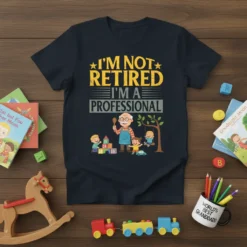 T-shirt with text "I'm Not Retired I'm A Professional" and a graphic of a grandfather with children playing