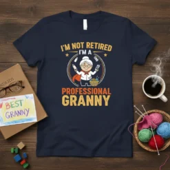 I'm Not Retired I'm A Professional Granny text with cartoon grandma graphic on a navy t-shirt