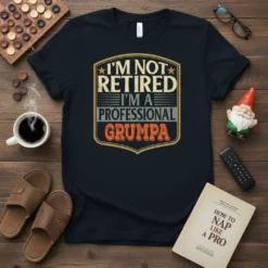 I'm Not Retired I'm A Professional Grumpa text design on a black t-shirt, featuring vintage-style typography and a shield emblem