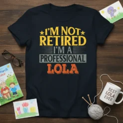 I'm Not Retired I'm A Professional Lola t-shirt with bold yellow and orange text, featuring vintage distressed style