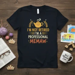 T-shirt with text "I'm Not Retired I'm A Professional Memaw" and a cute teapot graphic, designed for grandmothers