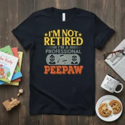I'm Not Retired I'm A Professional Peepaw T-Shirt with yellow and orange text and cartoon graphics of grandparents and a