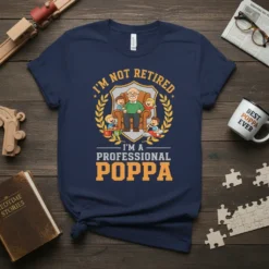 T-shirt with "I'm Not Retired I'm A Professional Poppa" text and graphic of a grandfather with children