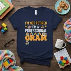 I'm Not Retired I'm A Professional Super Gram t-shirt design with stacked books, building blocks, and a coffee cup