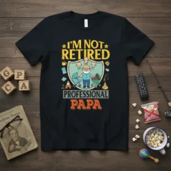 I'm Not Retired Professional Papa t-shirt design with a grandpa pushing a stroller and grilling