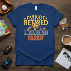 I'm Not Retired Professional Papaw t-shirt with a rocket graphic and children playing, featuring yellow and orange text