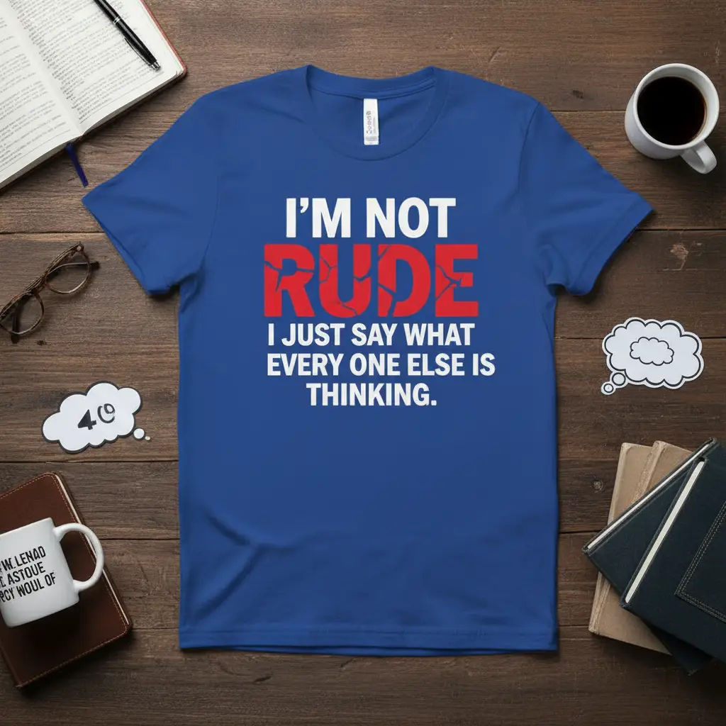 I'm Not Rude I Just Say What Everyone Else Is Thinking quote in bold white and red distressed typography on a blue