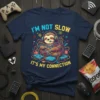 I'm Not Slow It's My Connection gamer sloth t-shirt with tangled wires and gaming controllers, blue background