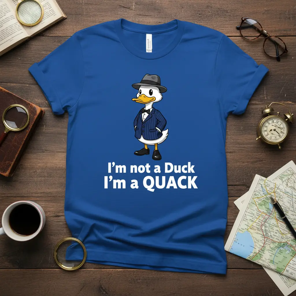 I'm not a Duck I'm a QUACK quote on a blue t-shirt with a dapper cartoon duck graphic