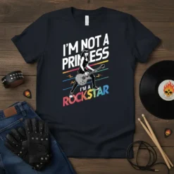 Graphic t-shirt with white text "I'm Not A Princess" above a girl playing guitar and colorful text "I'm A Rockstar"