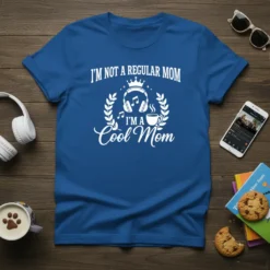I'm Not A Regular Mom I'm A Cool Mom text with headphones and coffee cup graphic on blue t-shirt