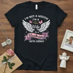 I'm Not a Widow I'm a Wife to a Husband with Wings t-shirt design with white wings and pink butterflies
