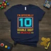 I'm Officially 10 Double Digit Unlocked birthday t-shirt design with pixelated number 10 and gaming-inspired graphics