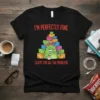 I'm Perfectly Fine Except For All The Problems t-shirt design with a green monster holding coffee and surrounded by boxes