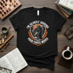 T-shirt design with text "I'm Silently Judding Your Chess Moves" and a black chess knight graphic with a brain graphic